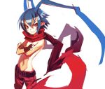  1boy antenna_hair belt blue_hair crossed_arms disgaea doomfest fingerless_gloves gloves laharl pants pointy_ears red_eyes red_scarf scarf shirtless short_hair solo 