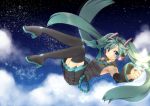  1girl black_legwear blush boots detached_sleeves green_eyes green_hair hatsune_miku headphones headset ichinose_natsuki long_hair looking_at_viewer necktie night pleated_skirt skirt sky smile solo star star_(sky) thigh_boots thighhighs twintails very_long_hair vocaloid wide_sleeves 
