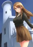  1girl blush breasts brown_eyes brown_hair glasses house kouno_hikaru large_breasts long_hair looking_at_viewer open_mouth oribe_shiori original skirt sky smile solo sweater turtleneck turtleneck_sweater 