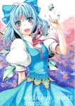  1girl artist_name blue_eyes blue_hair bow cirno dress ebimayo_mbdf hair_bow highres ice ice_wings looking_at_viewer open_mouth ribbon sample short_hair solo touhou traditional_media wings 