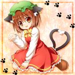  1girl animal_ears brown_eyes brown_hair cat_ears cat_tail chen earrings fang hat jewelry looking_at_viewer multiple_tails open_mouth paw_pose ribbon short_hair sitting solo tail touhou wariza yosikazu0720 