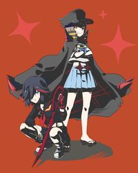  2girls black_hair blue_eyes brown_eyes brown_hair coat crossed_arms d_match gloves hat kill_la_kill mankanshoku_mako matoi_ryuuko multiple_girls school_uniform senketsu short_hair smile squatting sword weapon 