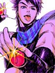  1boy black_hair blue_eyes bola_(weapon) bust fingerless_gloves gloves hatching_(texture) jojo_no_kimyou_na_bouken joseph_joestar_(young) lips looking_at_viewer muscle saitooo scarf shining sleeveless sleeveless_turtleneck solo striped striped_scarf tongue tongue_out turtleneck white_background 