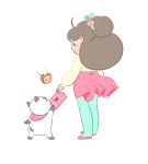  1girl ahoge bee bee_and_puppycat bee_the_human_girl blush_stickers brown_hair envelope from_behind hair_ornament leggings long_hair looking_at_another looking_down puppycat signature simple_background skirt smile sparkle standing tagme white_background |_| 