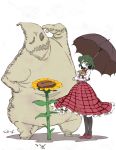  1girl black_legwear flower green_hair highres kazami_yuuka long_skirt monster mtmy oogie_boogie red_eyes simple_background skirt skirt_set sunflower the_nightmare_before_christmas touhou umbrella white_background 