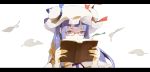  1girl bespectacled book glasses hat highres leaf letterboxed long_hair looking_at_viewer patchouli_knowledge purple_hair shihou_(g-o-s) simple_background solo touhou violet_eyes white_background 