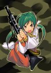  1girl green_hair gun machine_gun mg42 open_mouth smile solo watarai_keiji weapon 