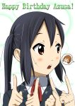 1girl amaoto_eu black_hair blush brown_eyes happy_birthday k-on! long_hair nakano_azusa pointing pointing_up school_uniform solo twintails 