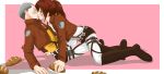  1boy 1girl almost_kiss barby_pornea belt boots bread brown_eyes brown_hair buzz_cut conny_springer food highres jacket ponytail sasha_braus shingeki_no_kyojin yellow_eyes 