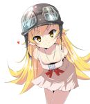  1girl arms_behind_back bakemonogatari blonde_hair dress goggles goggles_on_head heart helmet long_hair looking_at_viewer monogatari_(series) oshino_shinobu simple_background smile solo take_(office-t) white_background yellow_eyes 