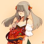  1girl blood bloody_clothes candy detached_sleeves entrails eyeball grey_eyes grey_hair halloween jack-o&#039;-lantern organs original shaun_healey simple_background smile solo twintails 