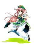  1girl bow braid breasts chinese_clothes colored_pencil_(medium) eyelashes fighting_stance goku_(acoloredpencil) green_eyes hair_bow hat highres hong_meiling long_hair looking_at_viewer pants redhead shadow simple_background solo star touhou traditional_media twin_braids very_long_hair white_background 