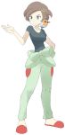  1girl blue_eyes brown_hair clothes_around_waist fletchling full_body hair_ornament hairclip highres jacket_around_waist mother_(pokemon) official_style pokemon pokemon_(game) pokemon_xy short_hair slippers smile solo souji white_background 