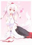  1girl animal_ears bare_shoulders breasts detached_sleeves hat heart highres inubashiri_momiji kittona midriff mouth_hold pink red_eyes ribbon shikishi short_hair smile solo tail tokin_hat touhou traditional_media white_hair wolf_ears wolf_tail 