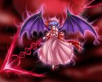  1girl aura bat_wings blood blood_on_face blood_on_fingers bloody_clothes blue_hair finger_licking finger_to_mouth highres licking matelia red_eyes remilia_scarlet short_hair spear_the_gungnir touhou wings 