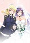  2girls ayase_eli black_hair blonde_hair blush dress feathers flower interlocked_fingers jewelry love_live!_school_idol_project multiple_girls necklace ponytail tagme takano_saku tiara toujou_nozomi tuxedo veil wedding wedding_dress wink yuri 