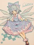  1girl absurdres akira_unoie blue_dress blue_eyes blue_hair blush bow character_name checkered checkered_background cirno dress frills full_body hair_ribbon highres ice ice_wings marker_(medium) open_mouth puffy_sleeves ribbon shirt shoes short_hair short_sleeves simple_background smile socks touhou traditional_media upskirt white_legwear white_shirt wings 