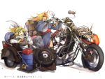  2girls arm_warmers barrel blonde_hair blush bottle closed_eyes fangs food goggles gourd green_eyes hamburger horn hoshiguma_yuugi japanese_clothes kimono long_hair mizuhashi_parsee motor_vehicle motorcycle multiple_girls net open_mouth pointy_ears ryuuichi_(f_dragon) scarf short_hair sidecar sitting skull smile star touhou vehicle wheel white_background 