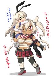  &gt;_&lt; 2girls :3 blonde_hair blush_stickers breasts chibi glasses hairband hase_yu kantai_collection long_hair multiple_girls musashi_(kantai_collection) navel open_mouth personification platinum_blonde red_eyes rensouhou-chan sarashi shimakaze_(kantai_collection) simple_background skirt striped striped_legwear tears thighhighs translation_request twintails white_background wink 