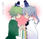  2girls blush eye_contact forehead-to-forehead green_eyes green_hair hat heart holding_hands interlocked_fingers looking_at_another mononobe_no_futo multiple_girls ponytail short_hair silver_hair six_(fnrptal1010) smile soga_no_tojiko tate_eboshi touhou translation_request wide_sleeves yuri 