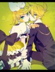  1boy 1girl blonde_hair brother_and_sister dress formal from_behind gloves green_eyes hair_ornament hair_ribbon hairclip holding_hands kagamine_len kagamine_rin looking_at_viewer looking_back military military_uniform oniyama831 puffy_sleeves ribbon short_hair siblings sitting striped striped_legwear twins uniform vocaloid white_gloves 
