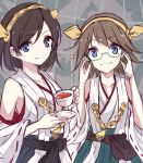  2girls bare_shoulders bespectacled black_hair blue_eyes blush boots brown_hair cup detached_sleeves dish glasses hairband headgear hiei_(kantai_collection) japanese_clothes kantai_collection kirishima_(kantai_collection) multiple_girls nontraditional_miko personification plaid pokoruru short_hair skirt teacup 