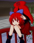  1girl bow gimicalmas hair_bow head_hold holding_head large_bow lowres nukekubi red_eyes redhead sekibanki short_hair sitting touhou 