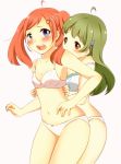  2girls ahoge blush bow_bra bow_panties bra breasts brown_eyes cleavage green_hair hair_ornament hairpin highres koro_(ktdfn956) long_hair navel orange_hair original panties strap_slip twintails underwear underwear_only violet_eyes white_bra white_panties yuri 