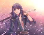  1boy belt black_hair bracelet cherry_blossoms jacket jewelry long_hair male multicolored_background petals shinogu_k smile solo sword tales_of_(series) tales_of_vesperia violet_eyes weapon yuri_lowell 