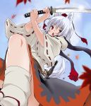  1girl animal_ears cl_(h-sys.) detached_sleeves fang inubashiri_momiji katana leaf maple_leaf open_mouth sword tail touhou weapon white_hair wolf_ears wolf_tail 