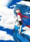 1girl blue_hair clouds expressionless highres hinanawi_tenshi long_hair monokurokenkenpa no_hat red_eyes scarf skirt sky solo touhou wind