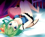  1girl barefoot bed blue_eyes blush breasts cleavage daiyousei fujishiro_emyu green_hair heart heart_pillow long_hair looking_at_viewer lying on_back pillow polka_dot side_ponytail solo touhou wings 