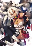  1girl blonde_hair breasts dark_skin fingerless_gloves glasses gloves hairband kantai_collection large_breasts long_hair looking_at_viewer machinery musashi_(kantai_collection) personification raiou red_eyes sarashi solo thighhighs turret 