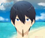  1boy beach black_hair blue_eyes copyright_name free! incoming_kiss male nanase_haruka_(free!) pocky pocky_day pocky_kiss shared_food short_hair solo water 