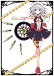  1girl absurdres akiposo2580 alternate_costume chain clock doll_joints frame heart highres izayoi_sakuya knife looking_at_viewer maid maid_headdress open_vest outstretched_arm red_eyes shirt silver_hair single_thighhigh skirt solo thighhighs touhou 