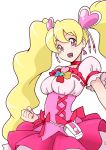  1girl bakusai blonde_hair brooch choker clenched_hand corset cure_peach dress earrings fresh_precure! hair_ornament heart_hair_ornament jewelry long_hair magical_girl momozono_love pink_dress precure puffy_sleeves red_eyes skirt smile solo twintails white_background 