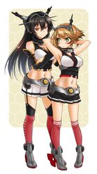  2girls adjusting_hair armpits black_hair brown_eyes brown_hair green_eyes hairband highres kantai_collection midriff multiple_girls mutsu_(kantai_collection) nagato_(kantai_collection) navel okitakung personification smile thighhighs 