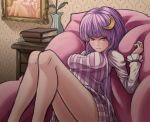  1girl book chair crescent_hair_ornament dress grey_eyes hair_ornament highres long_hair painting_(object) patchouli_knowledge picture_frame purple_hair rapuka recursion smile solo touhou vase vial 