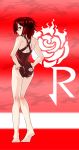  1girl absurdres adjusting_clothes adjusting_swimsuit ass back bare_shoulders barefoot flower from_behind grey_eyes highres looking_back one-piece_swimsuit profile redhead rose ruby_rose rwby short_hair solo swimsuit 