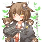  &gt;_&lt; 1girl blush brown_hair chibi chibi_on_head closed_eyes drooling kantai_collection lowres machinery messy_hair necktie open_mouth personification rebecca_(keinelove) short_hair sleeping smile turret wakaba_(kantai_collection) yellow_eyes 