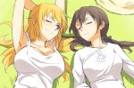  2girls blush charlotte_e_yeager gertrud_barkhorn kisetsu long_hair looking_at_another multiple_girls shirt smile strike_witches tank_top wink 