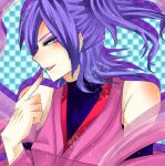  1boy amane_nishiki androgynous blazblue blue_eyes bust finger_to_mouth japanese_clothes makeup naughty_face purple_hair 