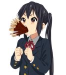  1girl black_hair blazer blush brown_eyes k-on! long_hair long_sleeves nakano_azusa pocky pocky_day school_uniform simple_background solo twintails watanore white_background 