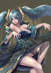  1girl aqua_hair bare_shoulders breasts brown_eyes character_name cleavage highres instrument large_breasts league_of_legends lips long_hair looking_at_viewer sitting solo sona_buvelle twintails zhuoyandesailaer 