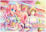  1boy 1girl :d apron bakery blue_eyes blush colorful donut_joe emperpep gloves green_eyes hat horn long_hair muffin my_little_pony my_little_pony_friendship_is_magic open_mouth personification pink pink_hair pinkie_pie shop signature smile traditional_media waist_apron watercolor_(medium) 
