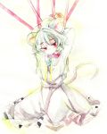  1girl animal_ears arms_up capelet collar dress kuromame_(8gou) long_sleeves looking_at_viewer mouse_ears mouse_tail nazrin pencil_crayon_(medium) red_eyes ribbon silver_hair solo tail tied_up touhou traditional_media watercolor_(medium) 