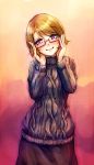  1girl blonde_hair blush glasses hands_on_own_face head_tilt koizumi_hanayo love_live!_school_idol_project monorus red-framed_glasses semi-rimless_glasses short_hair skirt solo sweater turtleneck under-rim_glasses violet_eyes 