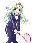  1girl :d ahoge blue_eyes green_hair gym_uniform highres miyase_mahiro open_mouth racket smile tagme tennis_racket track_jacket track_pants 
