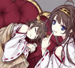  2girls bare_shoulders blanket blue_eyes blush brown_hair closed_eyes couch detached_sleeves double_bun hair_ornament hairband headgear hiei_(kantai_collection) japanese_clothes kantai_collection kongou_(kantai_collection) long_hair multiple_girls nontraditional_miko personification pokoruru short_hair sleepy smile 