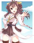  1girl ;d ahoge bare_shoulders black_legwear blue_sky blush boots breasts brown_eyes brown_hair clouds detached_sleeves double_bun hair_ornament hairband headgear hiyosuke_(ak_love) japanese_clothes kantai_collection kongou_(kantai_collection) long_hair nontraditional_miko open_mouth personification skirt sky smile solo thigh_boots thighhighs wink 